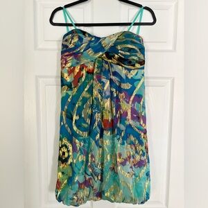 Cache silk gold metallic Y2K strapless balloon hem mini dress 8